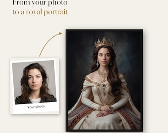 Könnte beinhalten: Eine digitale Grafik mit dem Text From your photo to a royal portrait und einem Pfeil, der von einem quadratischen Foto einer Person auf ein gerahmtes Porträt derselben Person mit goldener Krone und verziertem weißem Kleid zeigt.