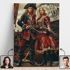 May include: A canvas print featuring a man and a woman dressed as pirates, standing in front of a ship. The man wears a black hat, red coat, and black boots, holding a pistol. The woman wears a red dress and black boots, also holding a pistol. The background shows a ship.