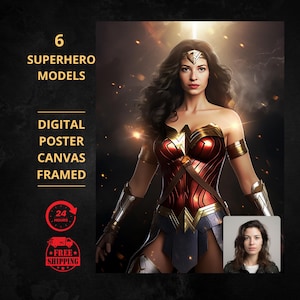 Custom Realistic wonderwoman Portrait, Personalized Portraits, Superhero Portrait from Photo, Custom Realistic Superhero, Face Swap