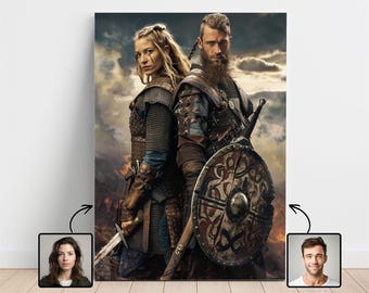 Pareja vikinga personalizada a partir de una foto, retrato vikingo, regalos vikingos, Ragnar, Lagertha, retrato a partir de una foto, retrato histórico, retrato familiar
