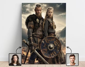 Pareja vikinga personalizada a partir de una foto, retrato vikingo, regalos vikingos, Ragnar, Lagertha, retrato a partir de una foto, retrato histórico, retrato familiar