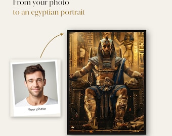 Könnte beinhalten: Eine digitale Grafik mit dem Text "From your photo to an egyptian portrait" und einem Pfeil, der von einem quadratischen Foto einer Person zu einem gerahmten Porträt einer Person in ägyptischer Pharaonenrüstung aus Gold führt.