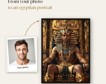 Könnte beinhalten: Ein digitaler Kunstservice, der die Umwandlung eines Fotos in ein ägyptisches Porträt zeigt. Der Text lautet From your photo to an egyptian portrait. Das Porträt zeigt eine Person mit einer goldenen und blauen Pharaonen-Kopfbedeckung.