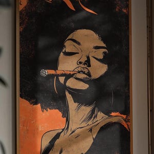 Afrocentric Bold Wall Art – Donna africana con capelli naturali e design retrò arancione, arredamento unico per la casa, stampe artistiche nere