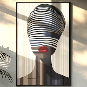 Optical Illusion Art Print: Afrocentric Woman, Red Lips, Modern Wall Decor image 1
