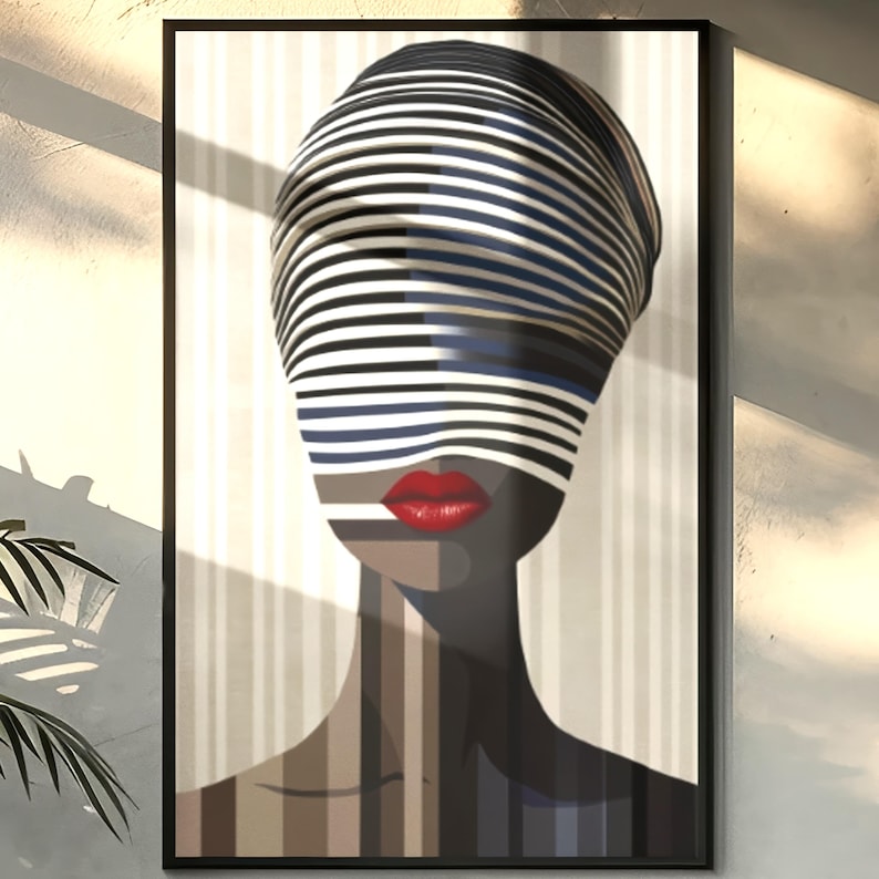 Optical Illusion Art Print: Afrocentric Woman, Red Lips, Modern Wall Decor image 1