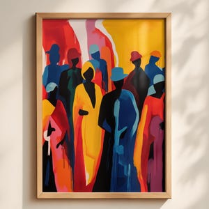 May include: A framed wall art print featuring a vibrant abstract composition of silhouetted figures wearing hats. The artwork uses a bold color palette of yellow, red, orange, blue, and black, with fluid, layered shapes creating a sense of depth.