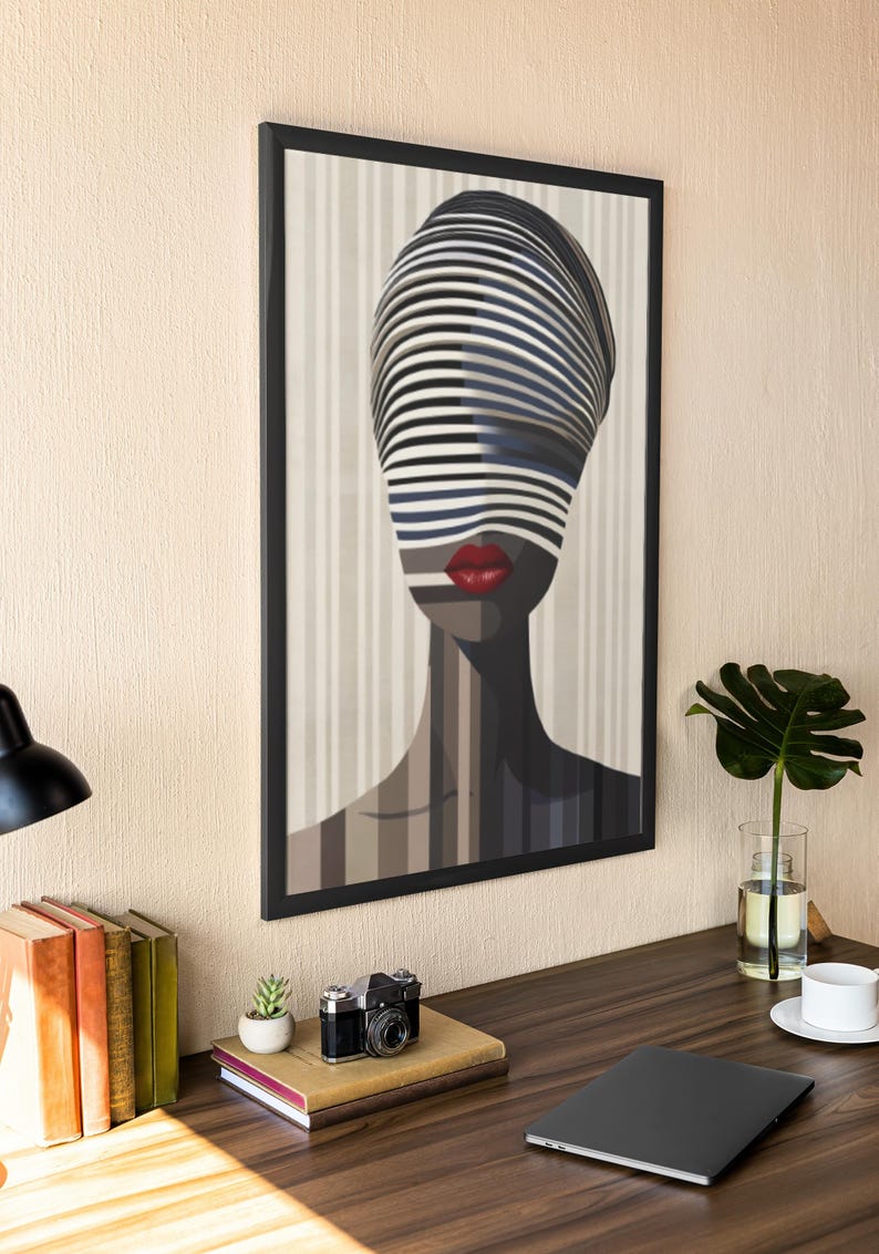 Optical Illusion Art Print: Afrocentric Woman, Red Lips, Modern Wall Decor image 6