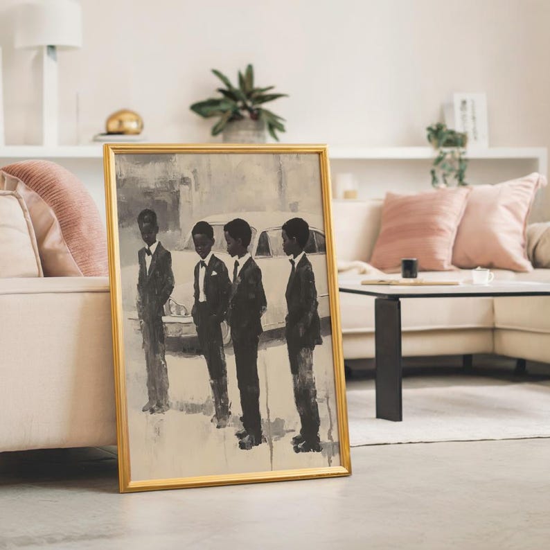May include: A framed painting in a gold-colored frame depicting four figures standing in a line, each wearing a dark suit with a white shirt and bow tie. The artwork features a monochromatic color palette with a vintage car visible in the background.