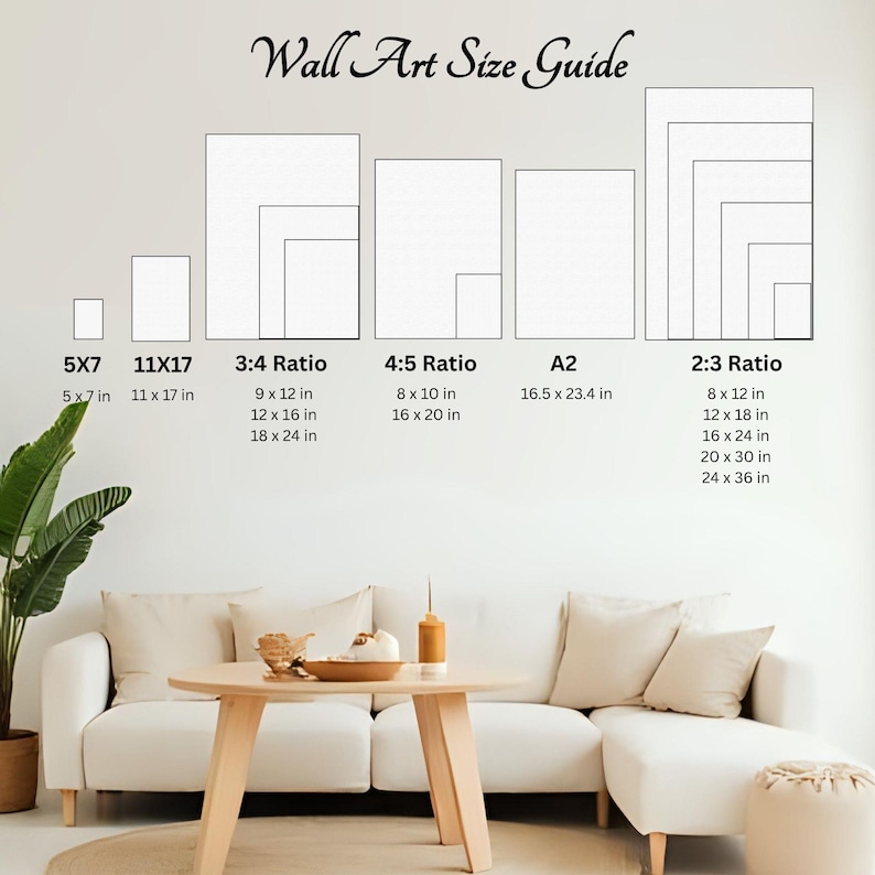 May include: A Wall Art Size Guide chart displaying various rectangular frame dimensions and aspect ratios including 5x7, 11x17, 3:4, 4:5, A2, and 2:3. The chart lists specific measurements in inches for each category, providing a visual reference for print sizes.