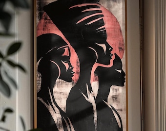 African Tribal Silhouette Fine Art Print: Ethnic Women Portrait, Red Sun