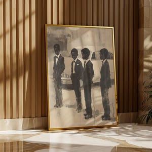 May include: A framed wall art print featuring a monochromatic painting of four individuals standing in a line, each wearing a dark suit and tie. Behind them is the faint outline of a vintage car. The artwork is encased in a thin gold metal frame.