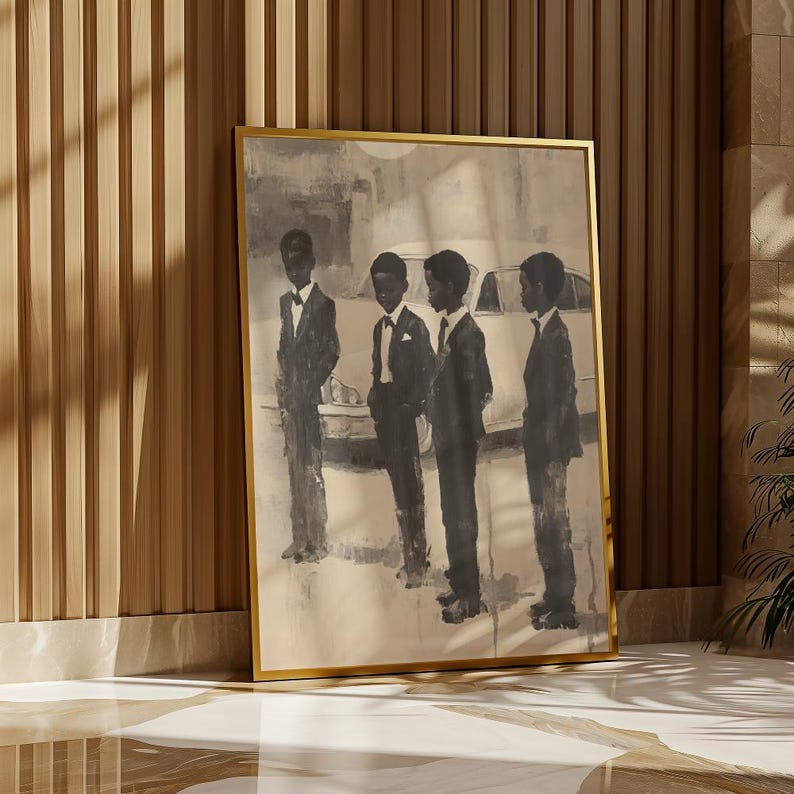 May include: A framed wall art print featuring a monochromatic painting of four individuals standing in a line, each wearing a dark suit and tie. Behind them is the faint outline of a vintage car. The artwork is encased in a thin gold metal frame.