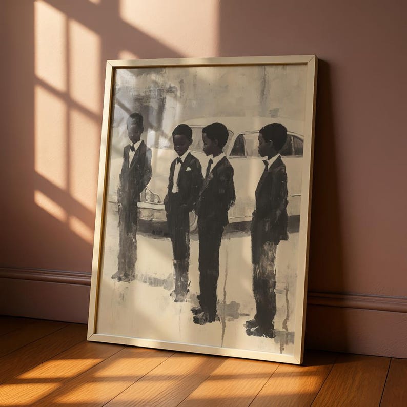 May include: A framed wall art print featuring a monochromatic painting of four figures standing in a line, each wearing a dark suit with a bow tie. Behind the figures is the partial outline of a vintage car. The artwork is encased in a thin gold frame.