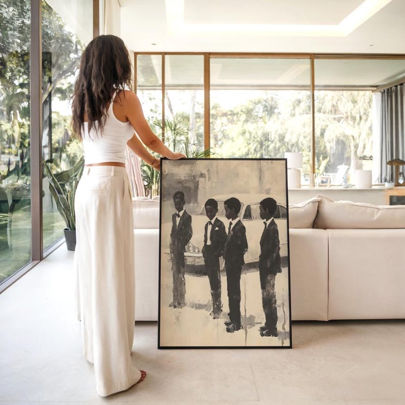 May include: A rectangular framed wall art piece featuring a monochromatic painting of four figures dressed in formal suits standing in a line. The artwork depicts the figures in profile and full view, positioned in front of a vintage car silhouette.