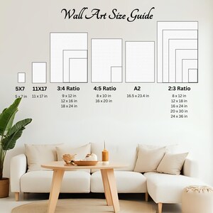 May include: A Wall Art Size Guide chart displaying various rectangular frame dimensions and aspect ratios including 5x7, 11x17, 3:4, 4:5, A2, and 2:3. The chart lists specific measurements in inches for each category, providing a visual reference for print sizes.