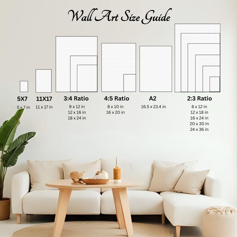 May include: A Wall Art Size Guide chart displaying various rectangular frame dimensions and aspect ratios including 5x7, 11x17, 3:4, 4:5, A2, and 2:3. The chart lists specific measurements in inches for each category, providing a visual reference for print sizes.