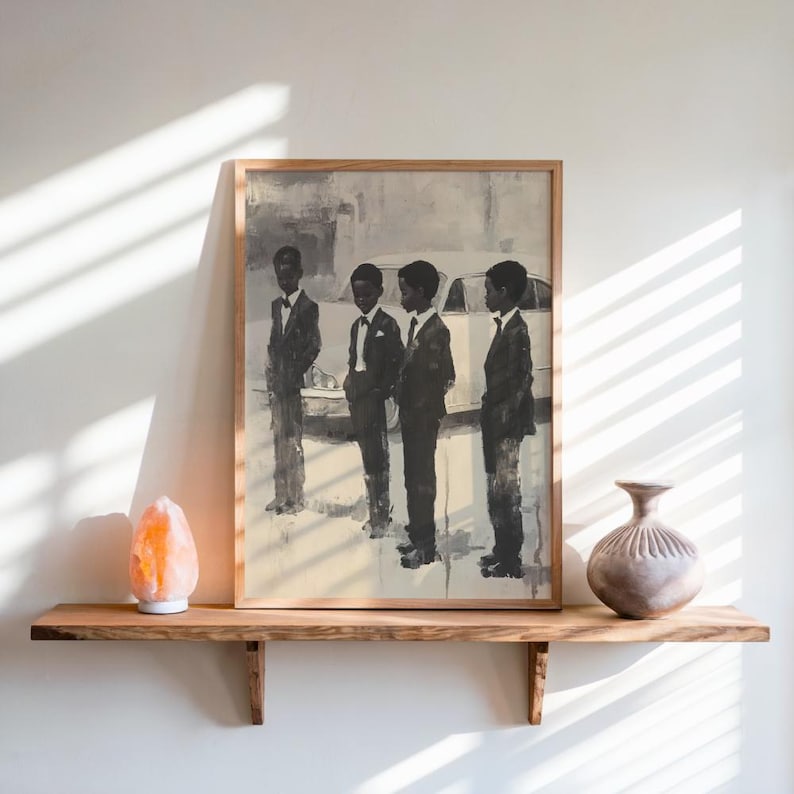 May include: A rectangular framed wall art print featuring a monochromatic painting of four young individuals standing in a line, dressed in formal suits and bow ties, positioned in front of a vintage car with a light gray and white background.
