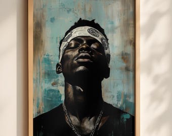 May include: A framed portrait painting of a person with their head tilted back, wearing a white bandana with a black paisley pattern and a dark shirt. The subject has a chain necklace and is set against a textured, distressed blue and brown background.