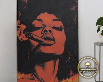 Impression d'art portrait de femme noire audacieuse, art du cigare afrocentrique (décoration murale mélanine boss)