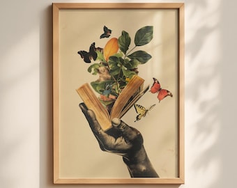 Reading Nook Decor, Vintage Book Lover Art Print, Literary Library Wall Art with Botanical Butterfly Artwork