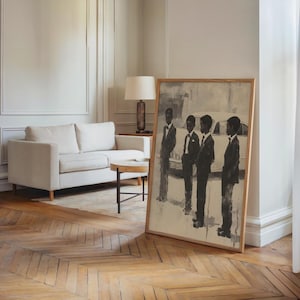 May include: A rectangular framed wall art print featuring a monochromatic painting of four figures standing in a line, each wearing a dark suit and tie. The artwork is rendered in shades of black, white, and gray, depicting the figures in a stylized manner.