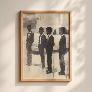 May include: A framed wall art print featuring a monochromatic painting of four young boys standing in a line, each wearing a dark suit and bow tie. Behind them is the faint outline of a vintage car. The artwork uses shades of gray, black, and cream.