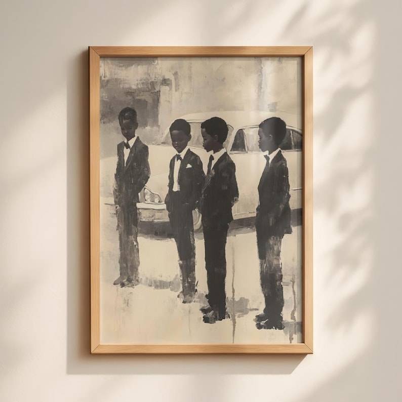 May include: A framed wall art print featuring a monochromatic painting of four young boys standing in a line, each wearing a dark suit and bow tie. Behind them is the faint outline of a vintage car. The artwork uses shades of gray, black, and cream.