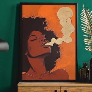 Afrocentric Woman Fine Art Print: Orange Cannabis Inspired Lounge & Boho Wall Decor