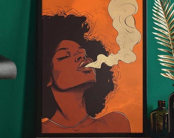 Afrocentric Woman Fine Art Print: Orange Cannabis - Inspired Lounge Decor