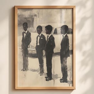 May include: A framed wall art print featuring a monochromatic painting of four young boys standing in a line, each wearing a dark suit with a white shirt and tie. Behind them is a vintage car, rendered in shades of gray, black, and cream.
