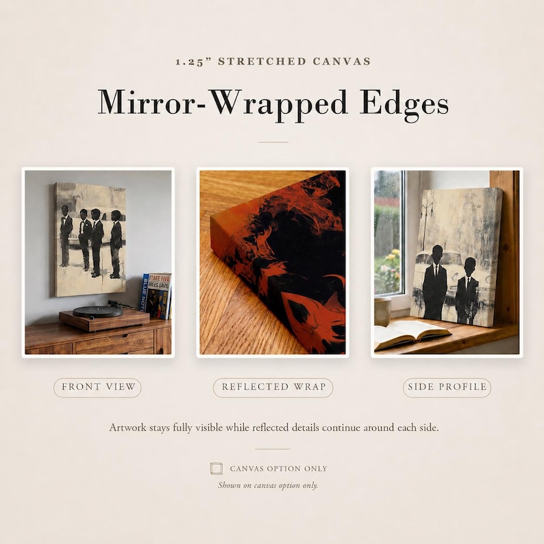 May include: A 1.25 inch stretched canvas featuring mirror-wrapped edges. The display shows a front view of a painting with figures, a close-up of the reflected wrap on the side, and a side profile of the canvas artwork near a window.