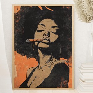 May include: A digital illustration of a woman with a large afro, wearing a black top and holding a lit cigar in her mouth. The background is a faded orange color.