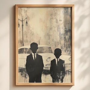 May include: A framed wall art print featuring a textured, neutral-toned painting of two silhouetted figures in suits standing before a vintage car and a street lamp. The artwork uses a palette of cream, beige, and black to create a moody, abstract scene.