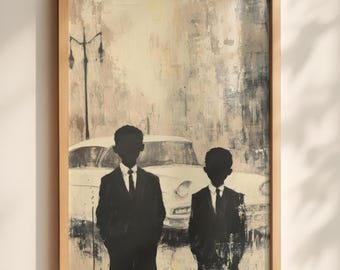 May include: A framed wall art print featuring a textured, neutral-toned painting of two silhouetted figures in suits standing before a vintage car and a street lamp. The artwork uses a palette of cream, beige, and black to create a moody, abstract scene.
