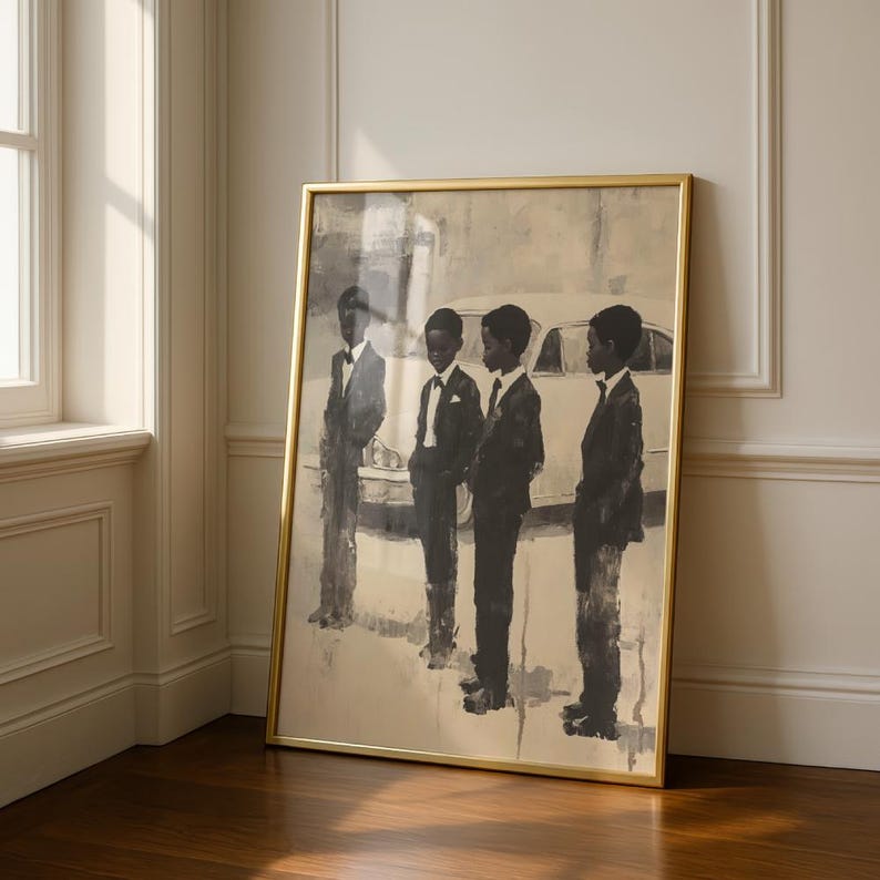 May include: A framed wall art print featuring a monochromatic painting of four individuals standing in a line, each wearing a dark suit and tie. The background depicts a vintage car in a muted, painterly style. The frame is a thin, metallic gold.