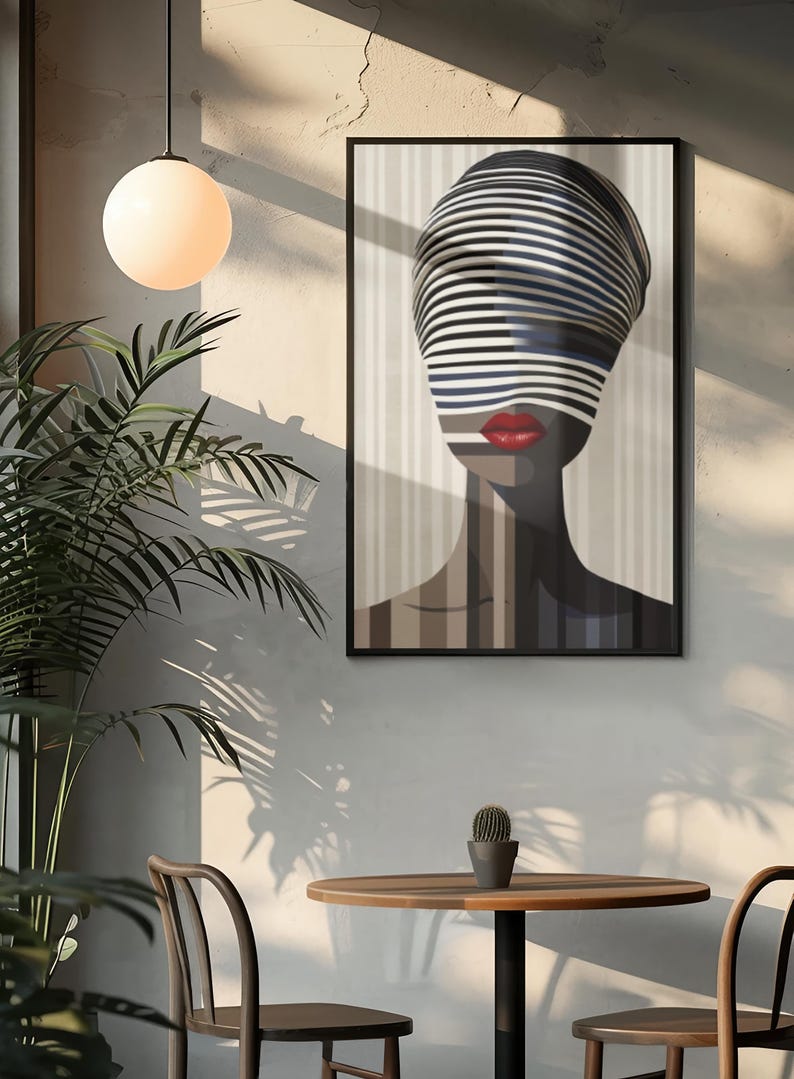 Optical Illusion Art Print: Afrocentric Woman, Red Lips, Modern Wall Decor image 2