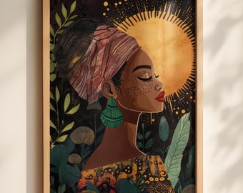Afrocentric Wall Art, Divine Feminine Black Woman Portrait, Spiritual Earth Tone Art Print