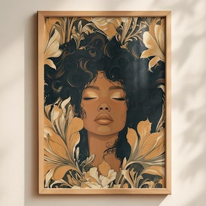 Afrocentric Wall Art, Divine Feminine Black Woman Fine Art Print | Botanical Natural Hair Portrait, Earth Tone Boho Decor, Above Couch Art