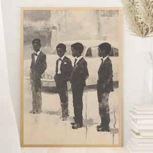 May include: A framed wall art print featuring a monochromatic painting of four young individuals standing in a line, each wearing a formal suit with a bowtie. Behind them is the outline of a vintage car, rendered in shades of gray and cream.