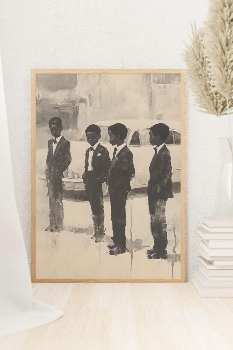 May include: A framed wall art print featuring a monochromatic painting of four young individuals standing in a line, each wearing a formal suit with a bowtie. Behind them is the outline of a vintage car, rendered in shades of gray and cream.