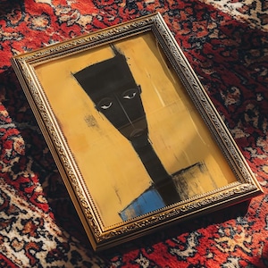 May include: A framed painting featuring a stylised, elongated portrait of a figure with dark skin tones against a mustard yellow background. The figure has a flat-topped head, narrow eyes, and a long neck. The frame is ornate, metallic gold, and rectangular.