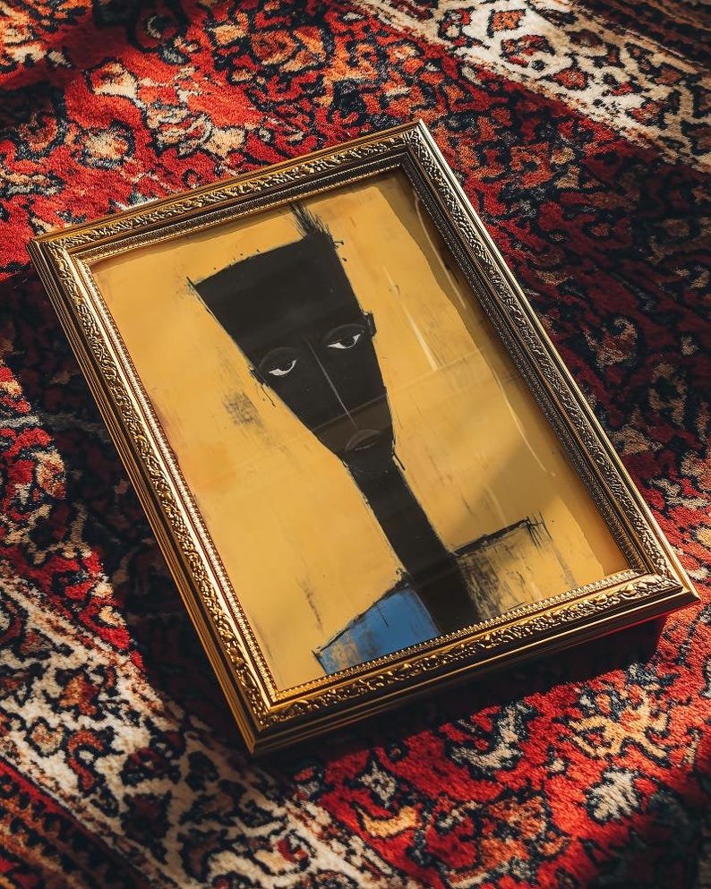 May include: A framed painting featuring a stylised, elongated portrait of a figure with dark skin tones against a mustard yellow background. The figure has a flat-topped head, narrow eyes, and a long neck. The frame is ornate, metallic gold, and rectangular.