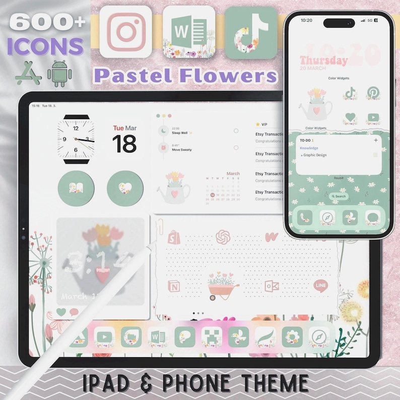 Pastel iPad iOS Wallpaper Theme, Colorful Flower Desktop Background, Homescreen Tablet Design image 1