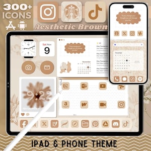 Set di sfondi per iPad con estetica marrone / Kit accogliente per la schermata iniziale autunnale dell'iPad / Widget e icone delle app / Tema neutro caldo