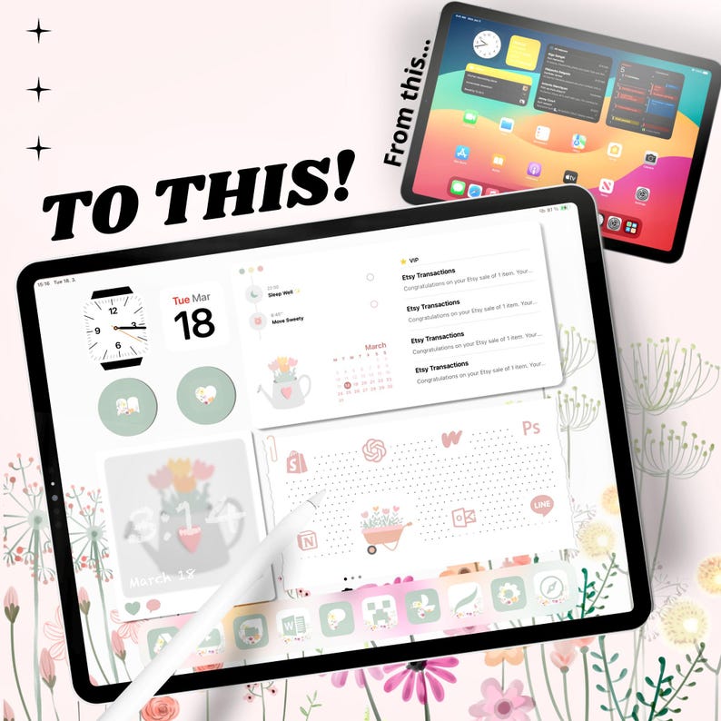 May include: A pink and white iPad with a floral background. The screen displays a calendar, a clock, and several app icons. The app icons are arranged in a grid pattern and include icons for Etsy, Photoshop, and Line. The iPad is resting on a white surface.