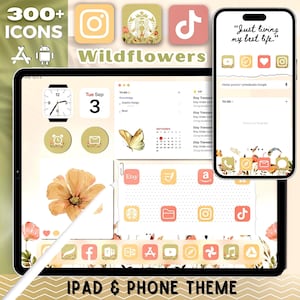 Conjunto de fondos de pantalla para iPad con estética de flores silvestres, kit de pantalla de inicio floral primaveral para iPad, tema cottagecore para iPad
