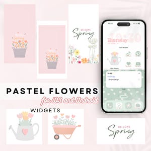 May include: Pastel flower themed phone widgets for iOS and Android. The widgets feature a watering can, a wheelbarrow, and a flower pot with pastel flowers. The text "WELCOME Spring" is also included in the image.