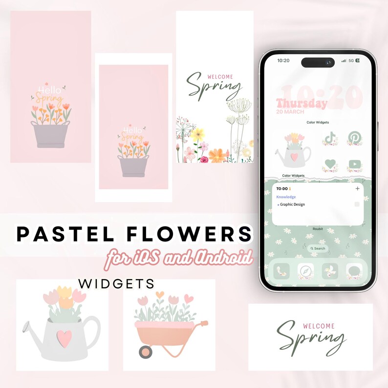 May include: Pastel flower themed phone widgets for iOS and Android. The widgets feature a watering can, a wheelbarrow, and a flower pot with pastel flowers. The text "WELCOME Spring" is also included in the image.