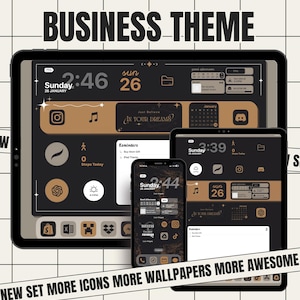 May include: A digital illustration of a phone screen with a dark background and gold accents. The screen displays a calendar, clock, and various icons. The text "Just Believe In Your Dreams?" is displayed on the screen. The image is labeled "Business Theme".
